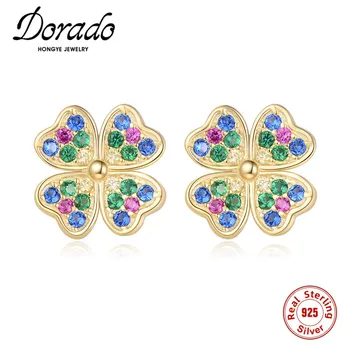

Dorado Cute Stud Earrings For Women 925 Sterling Silver Four-leaf Clover Colorful Zircon Trendy Luxury Brincos 2020 High Quality