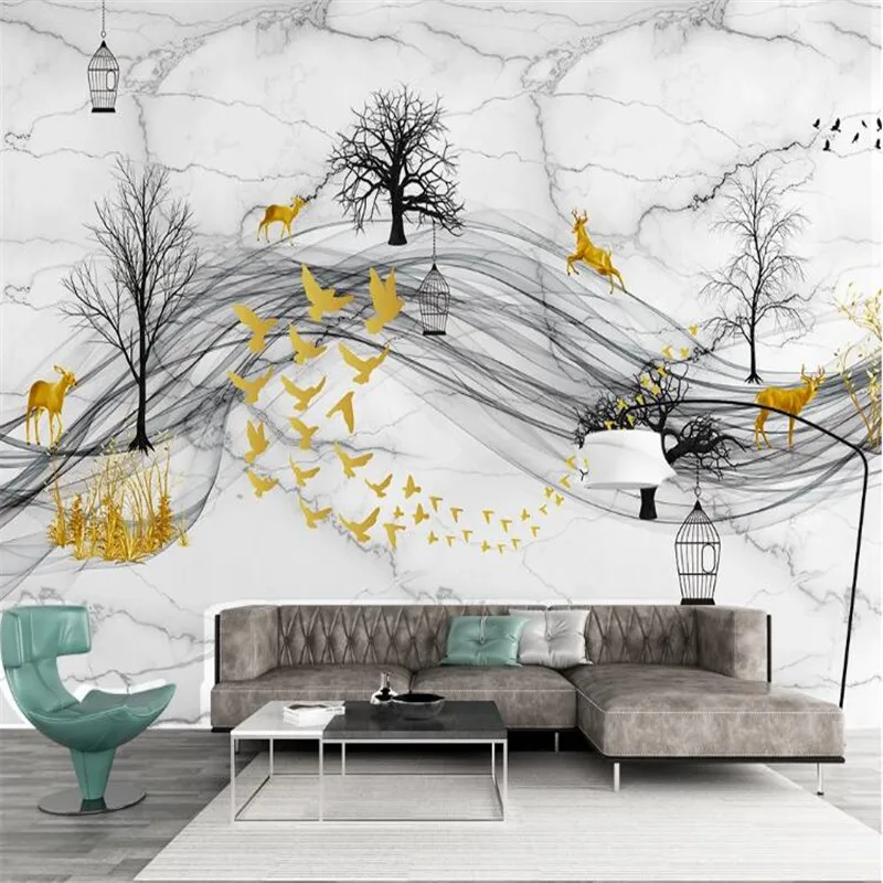 Large 3D Wallpaper Mural Custom Nordic Forest Elk Abstract Smoke Flying Bird TV Sofa Background Wallpaper Mural