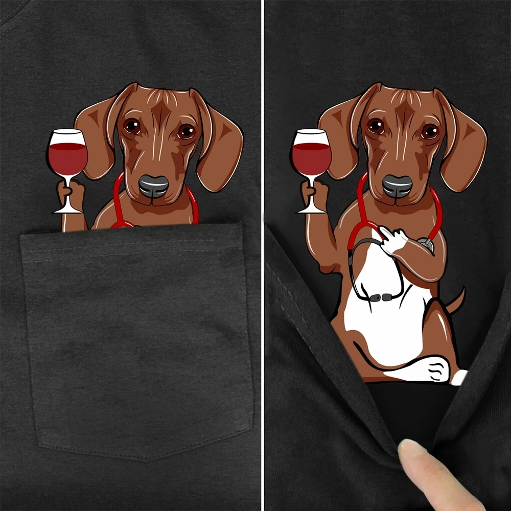 

T Shirt Fashion Brand summer pocket dachshund nurse printed t-shirt men's for women shirts Hip hop tops funny cotton tees
