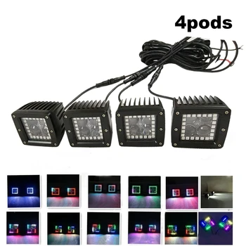

1 Set 4pcs 16W LED Work Light Bar 3"inch Cube Pods with RGB Halo Ring Multicolor Change Strobe Music Flash Bluetooth App Control
