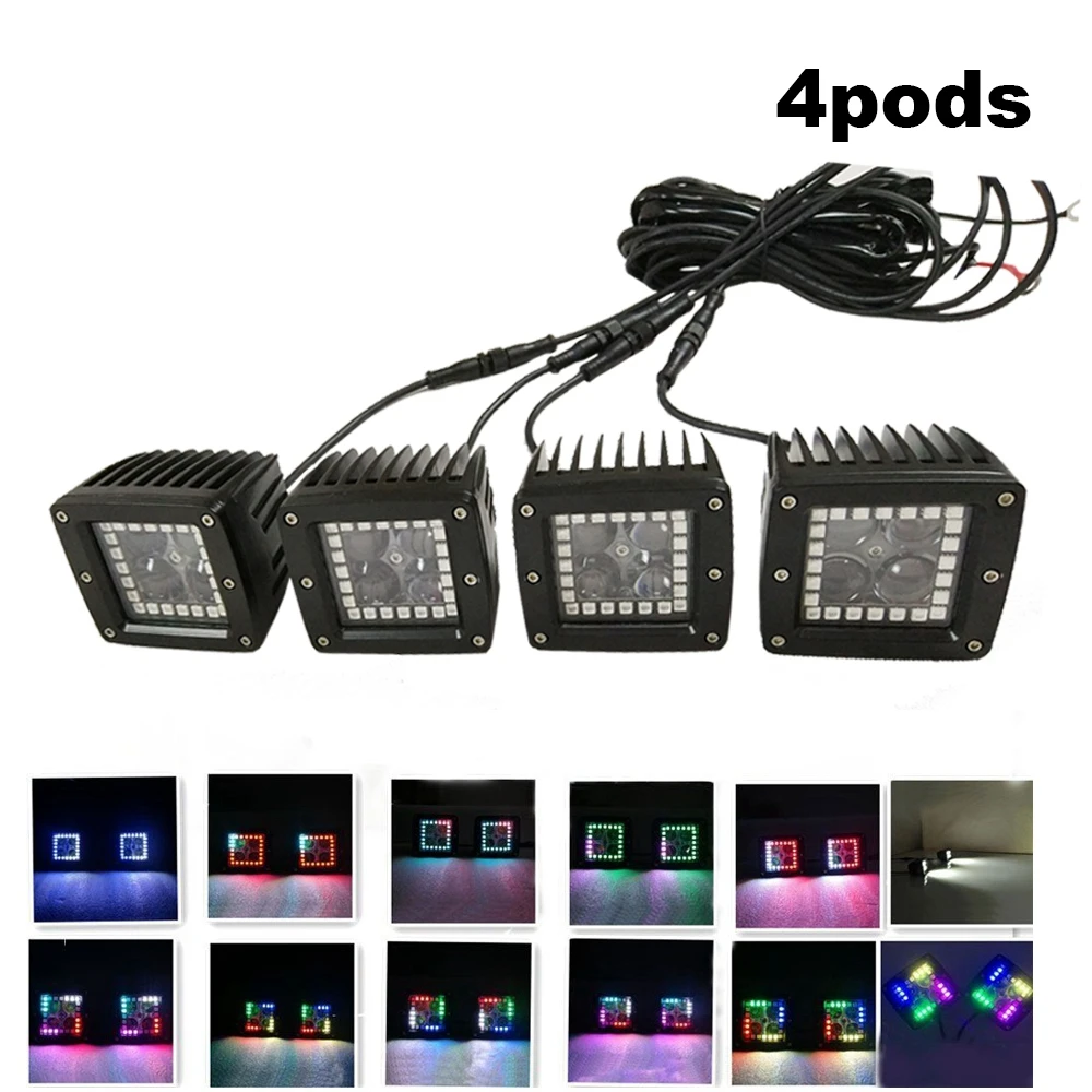 1 Set 4pcs 16W LED Work Light Bar 3\inch Cube Pods with RGB Halo Ring Multicolor Change Strobe Music Flash Bluetooth App Control