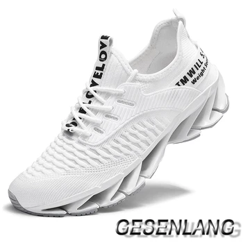 

Men's Walking Shoes White Breathable Mesh Cushioning Blade Outsole Male Sneakers Nonslip Wear Resistant Outdoor Casual Shoes New
