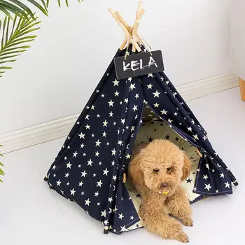 

Portable Teepee Star Pattern Pet Tent House Pet Cat Dog Tent Foldable Dog House Nest Bed Dog Cages Kennels House with Cushion