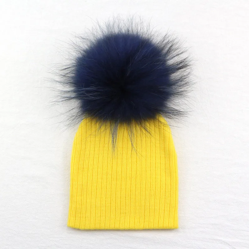 Sunlikeyou/вязаные шапки для мальчиков и девочек, помпон из натурального меха енота, теплый широкий берет-Боб, мягкая шапка, детская шапка для новорожденных - Цвет: yellow F