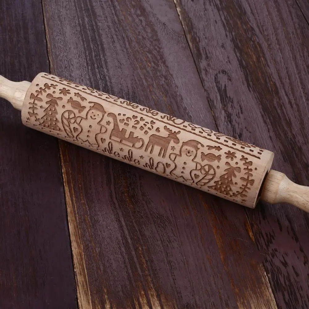 Creative Baking Christmas DIY Kitchen Tool Cookies Embossing Rolling Pin Wooden Wood Embossed Stick Roller Party