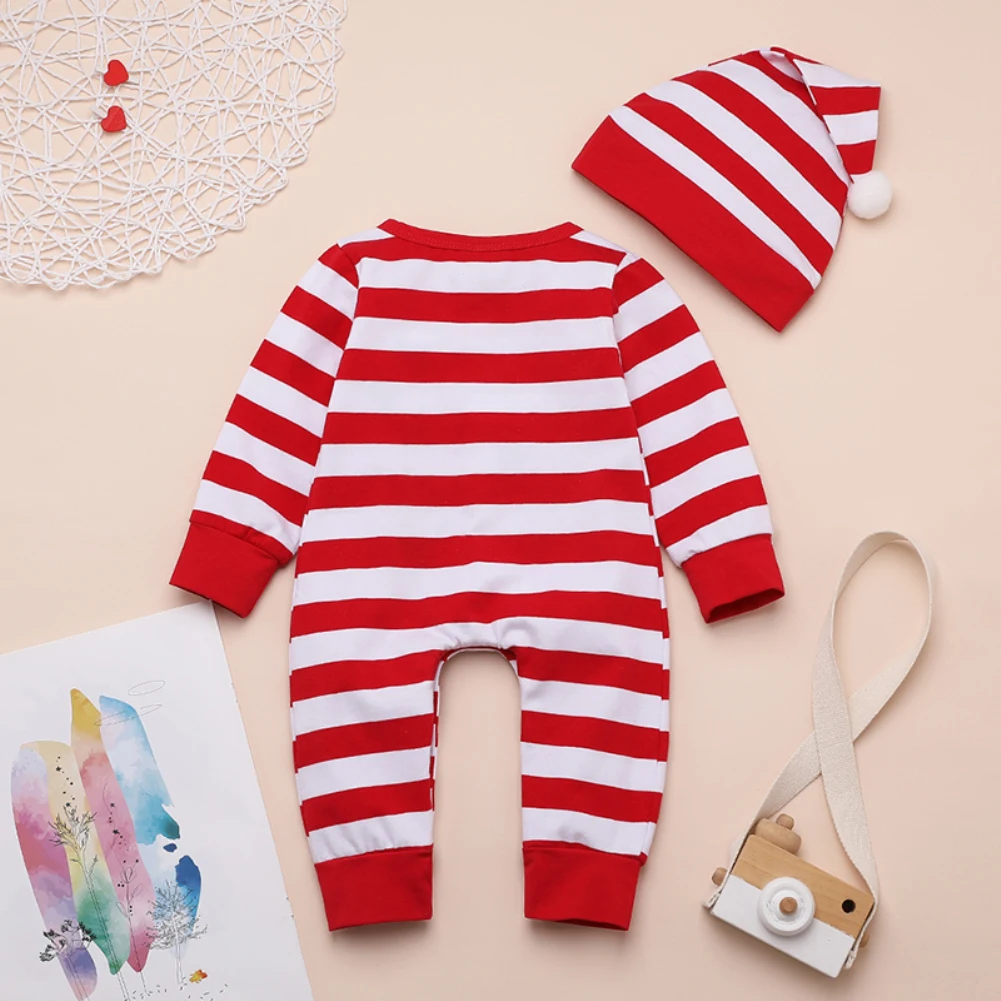 Emmababy одежда для маленьких мальчиков и девочек на Рождество; комбинезон в полоску+ шапка; наряд Санта-Клаус