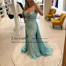 Великолепные V образным вырезом без рукавов Русалка Вечерние платья Кружева мятного, зеленого цвета бисером Длинные Формальные Выпускные платья со съемной юбкой