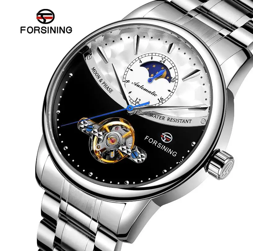 FORSINING Белое золото Tourbillion дизайн полный корпус из нержавеющей стали Moon Phase Мужские автоматические механические часы лучший бренд класса люкс - Цвет: silver black