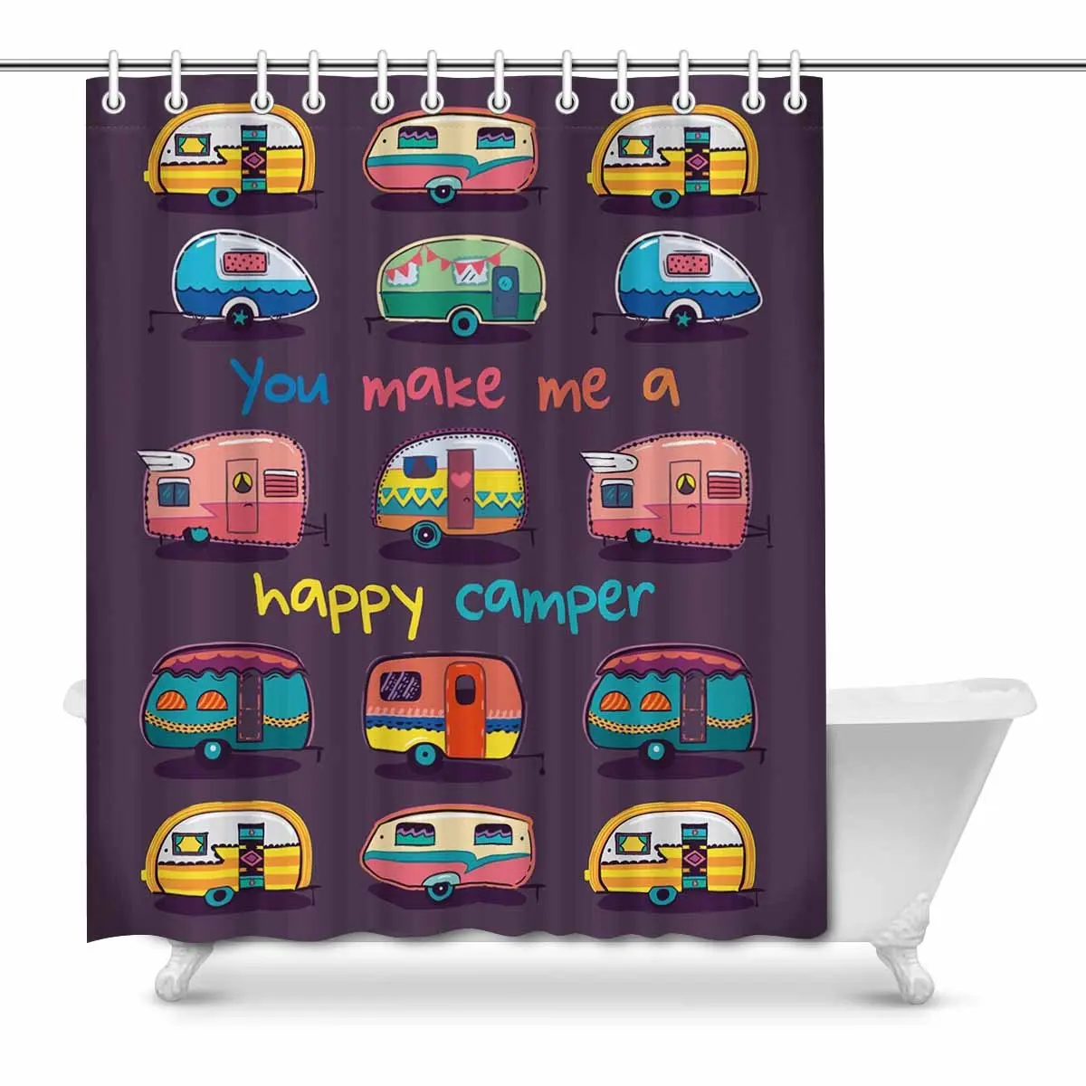 

Funny You Make Me Happy Camper Motivational Quote with Retro Caravans Waterproof Shower Curtain Decor Fabric Bathroom Set with