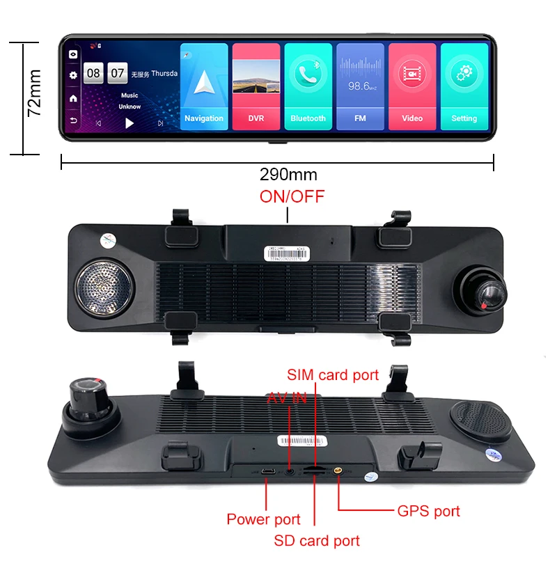 12" Car Rear View Mirror Video Recorder 2GB+32GB 4G ADAS GPS Navigation Android 8.1 DVR Dual Lens Recording Dash Camera Free Map