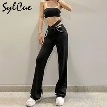 

Sylcue Street Wild Commuter Slim Solid Color High Waist Fashion Labeled Casual Loose Straight Pants Women Trousers