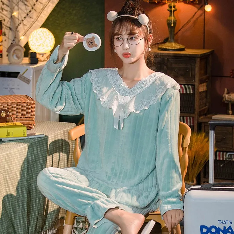 Winter Warm Pajamas Set Women 2021 Coral Fleece Thicken Cashmere Lovely Princess lace Tracksuit Autumn Lady Pajamas Set Pijamas