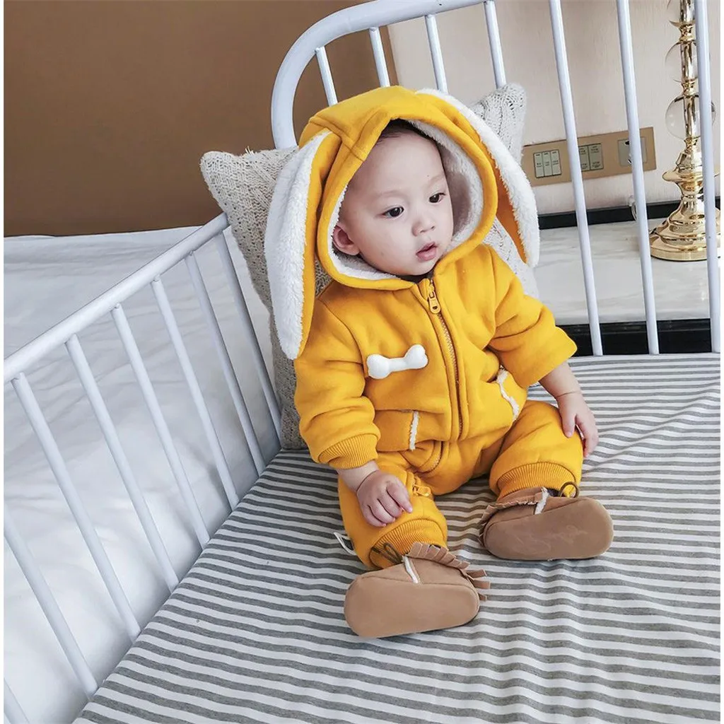 Детский однотонный комбинезон с капюшоном и заячьими ушками для новорожденных мальчиков и девочек; зимний теплый комбинезон с карманами и длинными рукавами; Верхняя одежда на молнии;# g4