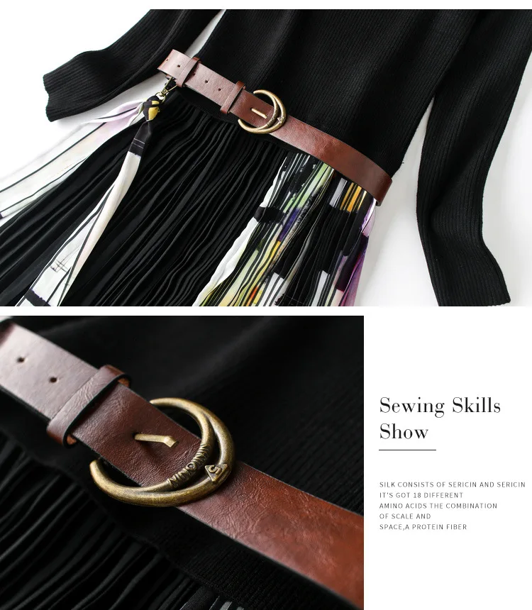 Women autumn winter dress long sleeve knitted sweater dress belt patchwork geometric print midi pleated dresses black