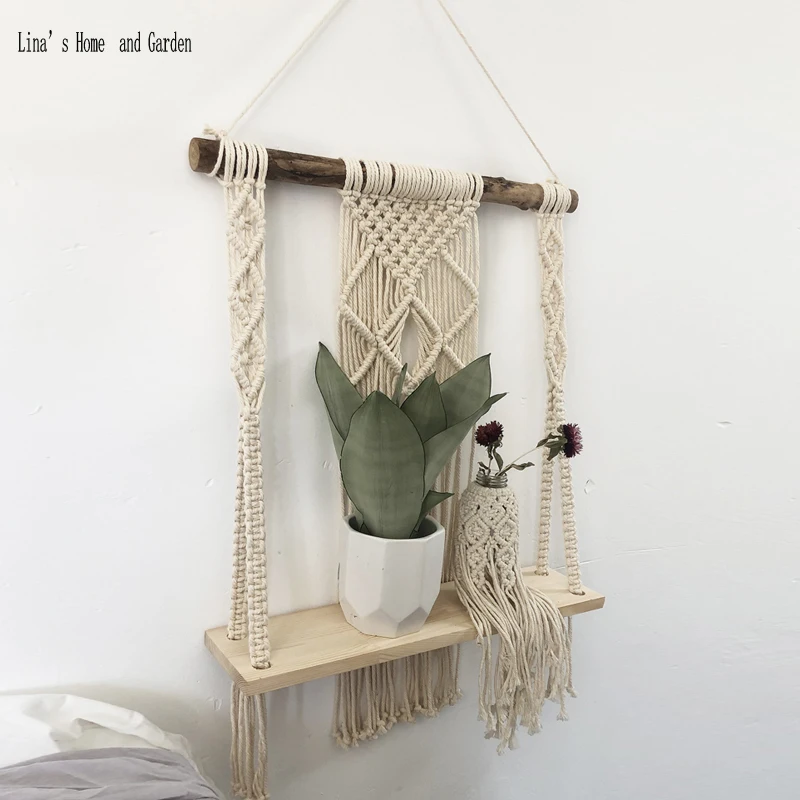 single tier decorative organization wood and cotton rope handmade wall hanging shelf