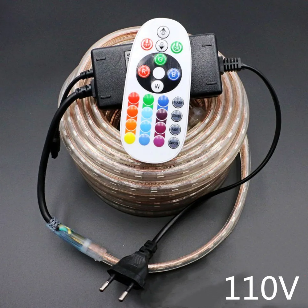 110V RGB-24Key Set 110V Светодиодные ленты светильник RGB Водонепроницаемый лента AC110V гибкий неоновый светодиодный светильник уличный Декор Светильник с помощью приложения на телефоне и пульт дистанционного управления 1 м 5 м 10 м - Испускаемый цвет: 110V RGB-24Key Set