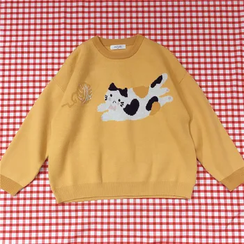 

2020 Winter Japanese New Long sleeve Women Sweater Cartoon Cat Knitted Pullover Thicken Loose Cute Wild Student Preppy style