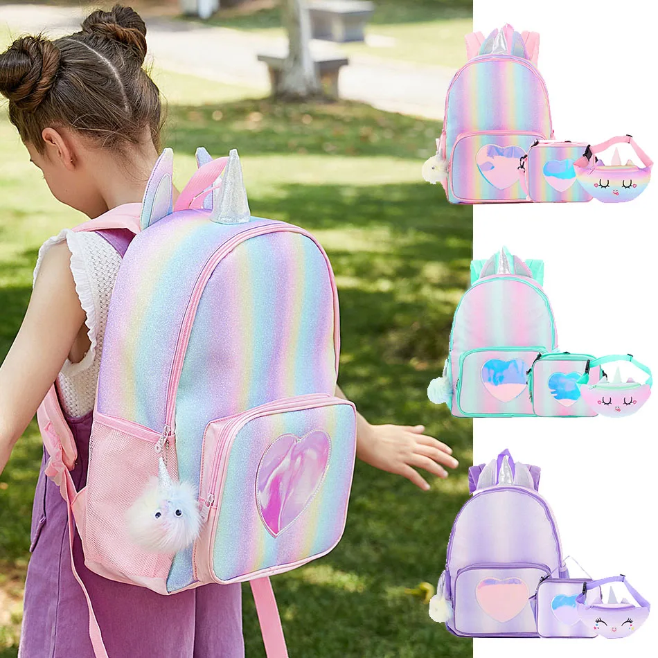 Girls Boys Unicorn Backpack Lunch Bag Chest Bag Children Laser Picnic Storage Bags Student Schoolbags Shoulders Backpacks Gifts