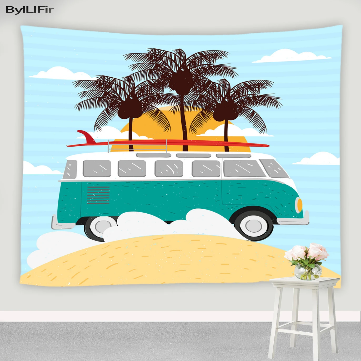 

Camper Tapestry Beach Coconut Tree Surfing Cartoon Car Wall Hanging Children Bedroom Decoration Wall Blanket Home Decor Mural