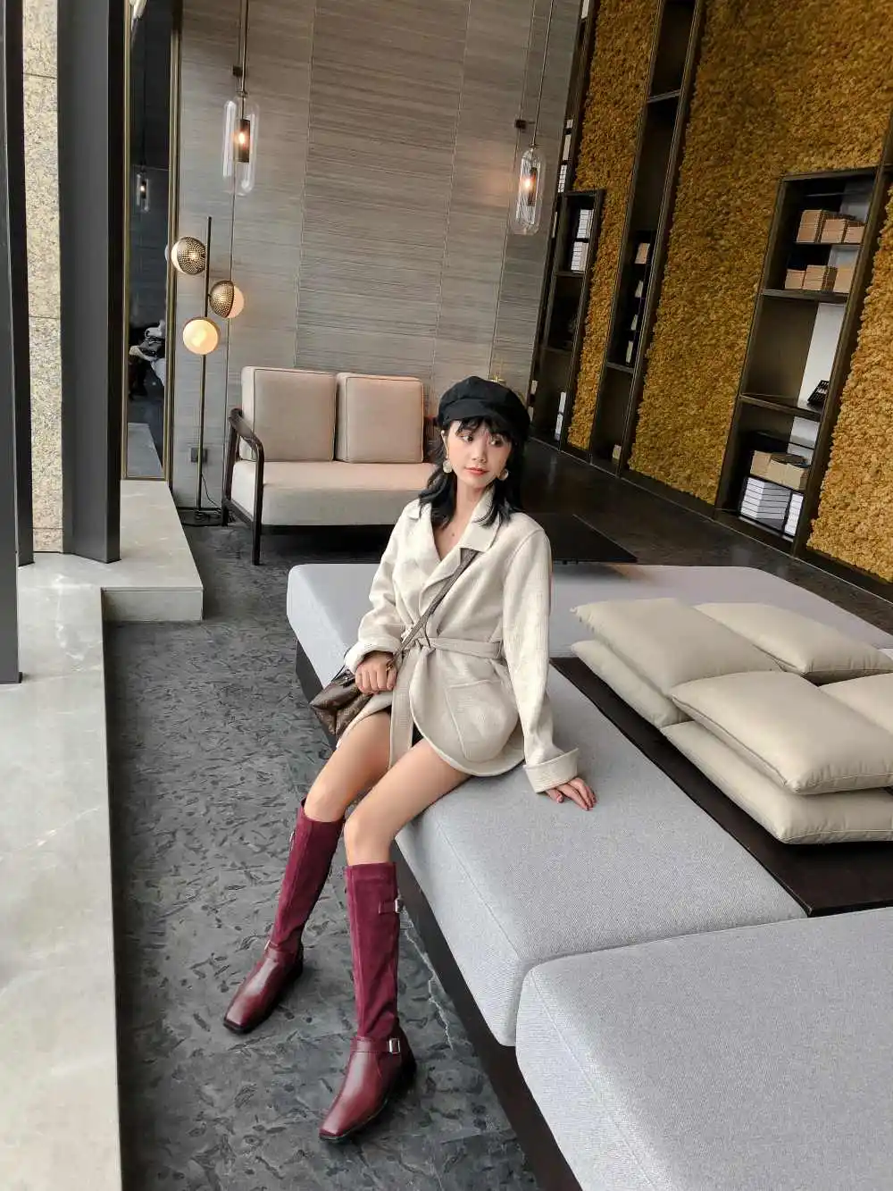 Lenkisen new vintage cow leather patchwork buckle straps square toe med heels winter keep warm women Zipper thigh high boots L35
