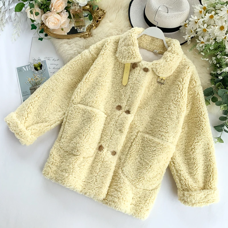 Winter Women Fashion Loose Long Sleeve Velvet Oversize Coat Female Casual Fur Grass Large Pocket Sheep Shearing Coat Outwear