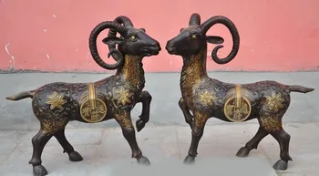 

christmas 20"china fengshui bronze wealth money coin zodiac sheep goat animal statue pair new Year