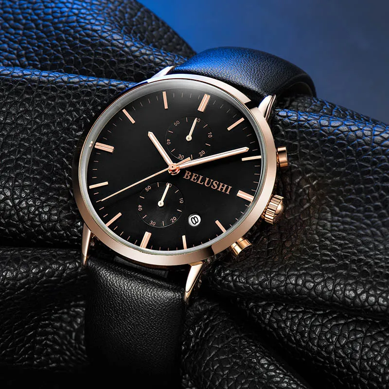 

Luxury BELUSHI Business Luminous Rose gold case Black Genuine Leathe Watch Analog Quartz Dress Watches for Men Gentlemen