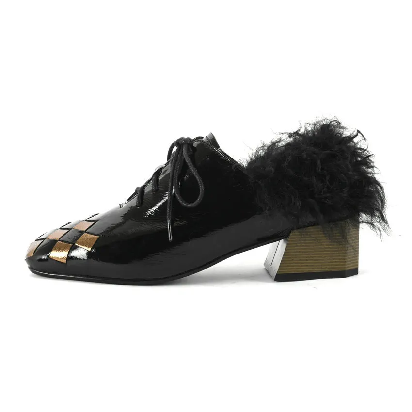 ANMAIRON/ г. Повседневная модная Роскошная обувь из лакированной кожи на высоком каблуке, с круглым носком, на шнуровке, с мехом классические женские туфли-лодочки размеры 34-42