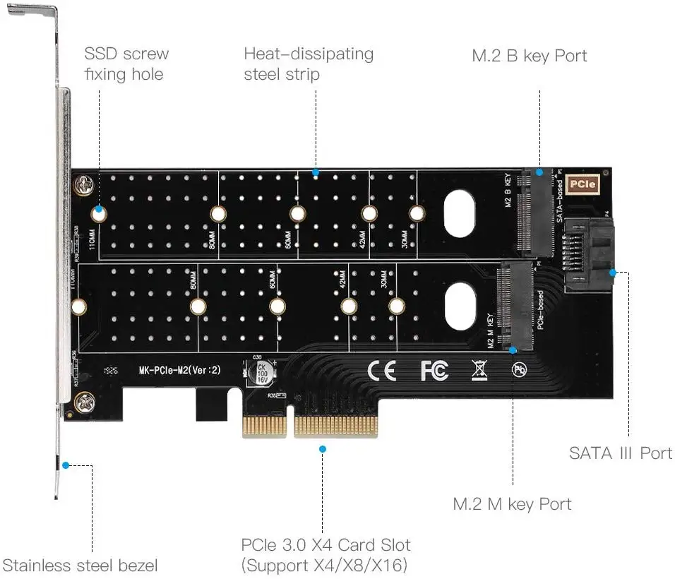 Адаптер Onvian 2 в 1 M.2 PCIE NGFF PCI-e 3,0x4 на SATA или PCIE NVMe SSD с поддержкой NVME(m Key) или SATA(b Key