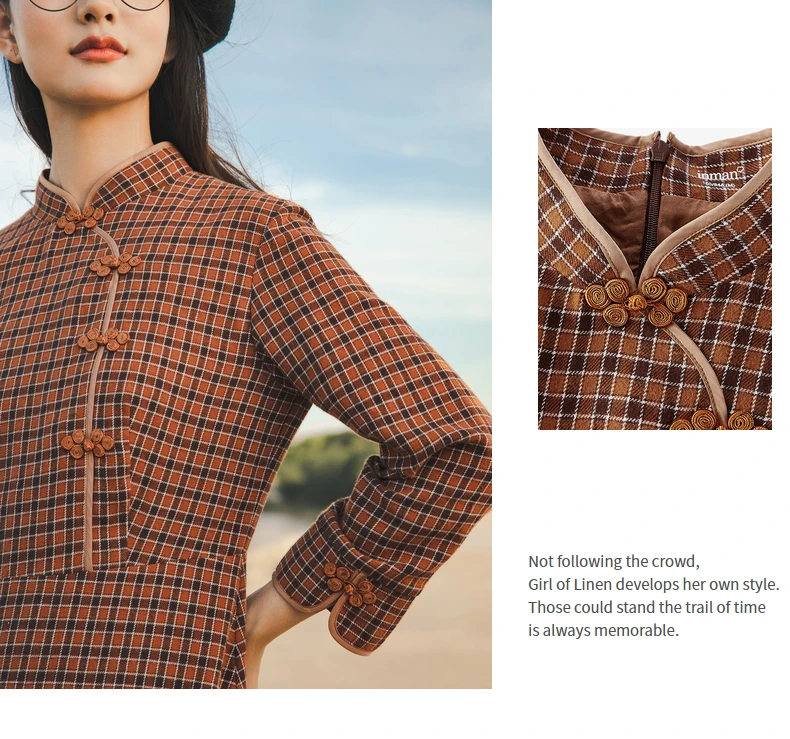 INMAN 2020 Autumn Winter New Arrival Plaid Dress Retro Cotton Buckle Collar Three-quarter Sleeve Dress