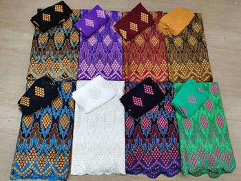 

H&Q 5+2 yards latest africna dry lace 100% cotton fabric embroidery with stones and rhinestones swiss voile laces for sewing