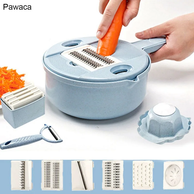 Blue 12pcs/set Slicer Vegetable Slicer Potato Peeler Carrot Onion Grater with Strainer Household Vegetable Cutter Kitchen Accessories - Color: Blue