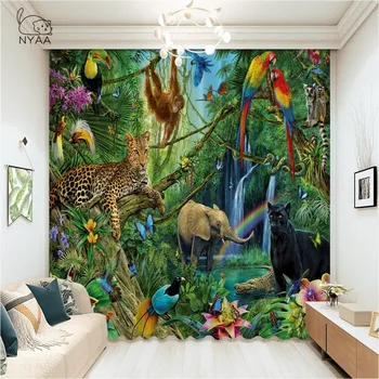 

Kids Decor Curtains Cute Animals In Jungle Elephant Giraffe Lion Cartoon Window Drapes For Bedroom Ultra-thin Micro Shading