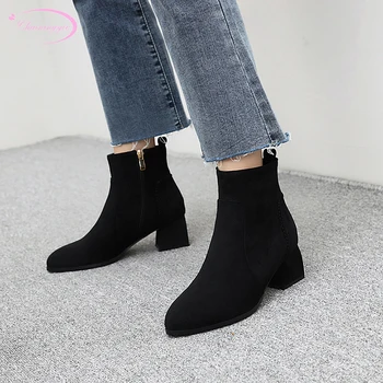 

Casual style round toe flock ankle boots fashion zipper beige black zippered medium with thick heel riding boots women's shoes