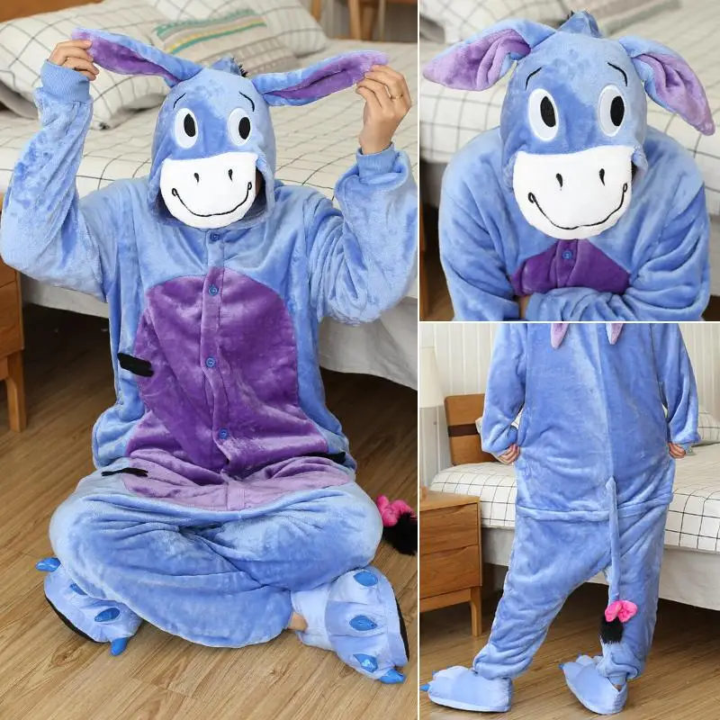 Blue Donkey FL Взрослые пижамы женские фланелевые пижамы унисекс кигуруми милый Единорог Вышивка поросёнок мультфильм животных пижамы наборы с капюшоном - Цвет: Blue Donkey FL