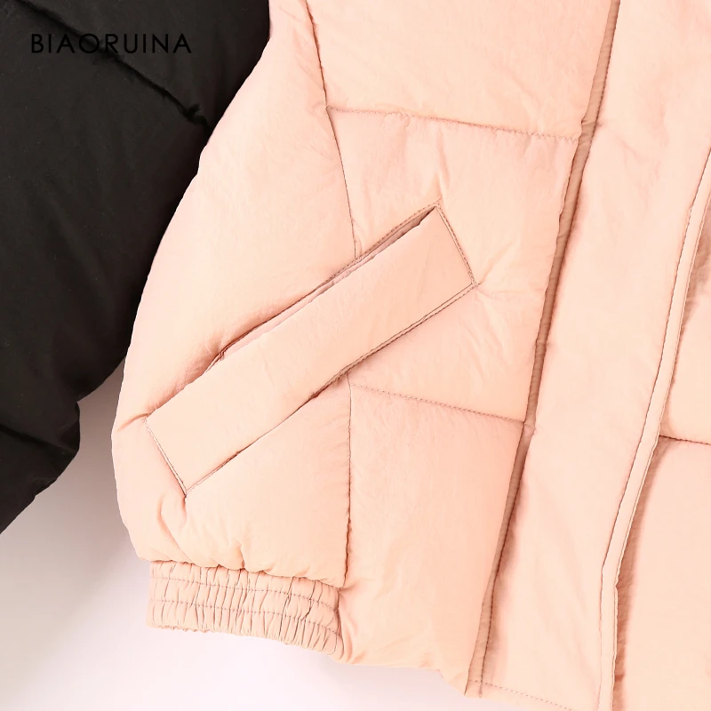 BIAORUINA Women's Pink&Black Thick Keep Warm Short Parkas Stand Collar Female Casual Winter Jacket Fashion Outerwear