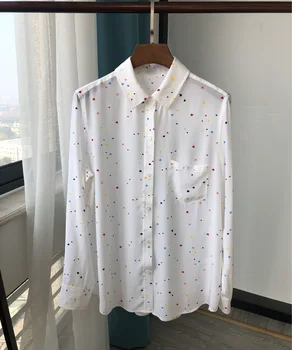 

Women's 100% Silk Mini Heart Print Shirt Fresh Turn-down Collar Long Sleeve Sweet Female Blouse Tops 2020 Spring