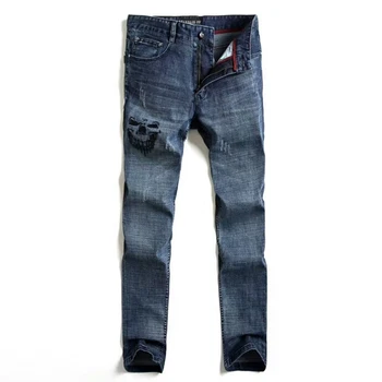 

embroidered bag PP original skull European version casual fit elastic straight leg leather fold jeans fashion men's pants