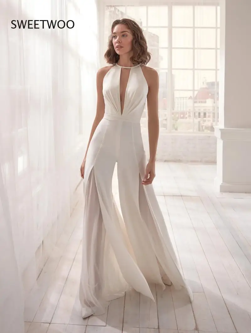 

2021 Best Quality Jumpsuits White O-neck Sleeveless high Splice Elegant Summer Bodycon Rompers