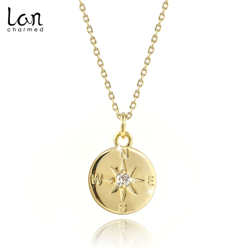 Lancharmed 14 K желтое золото ювелирное ожерелье CZ мощеная круглая подвеска с компасом