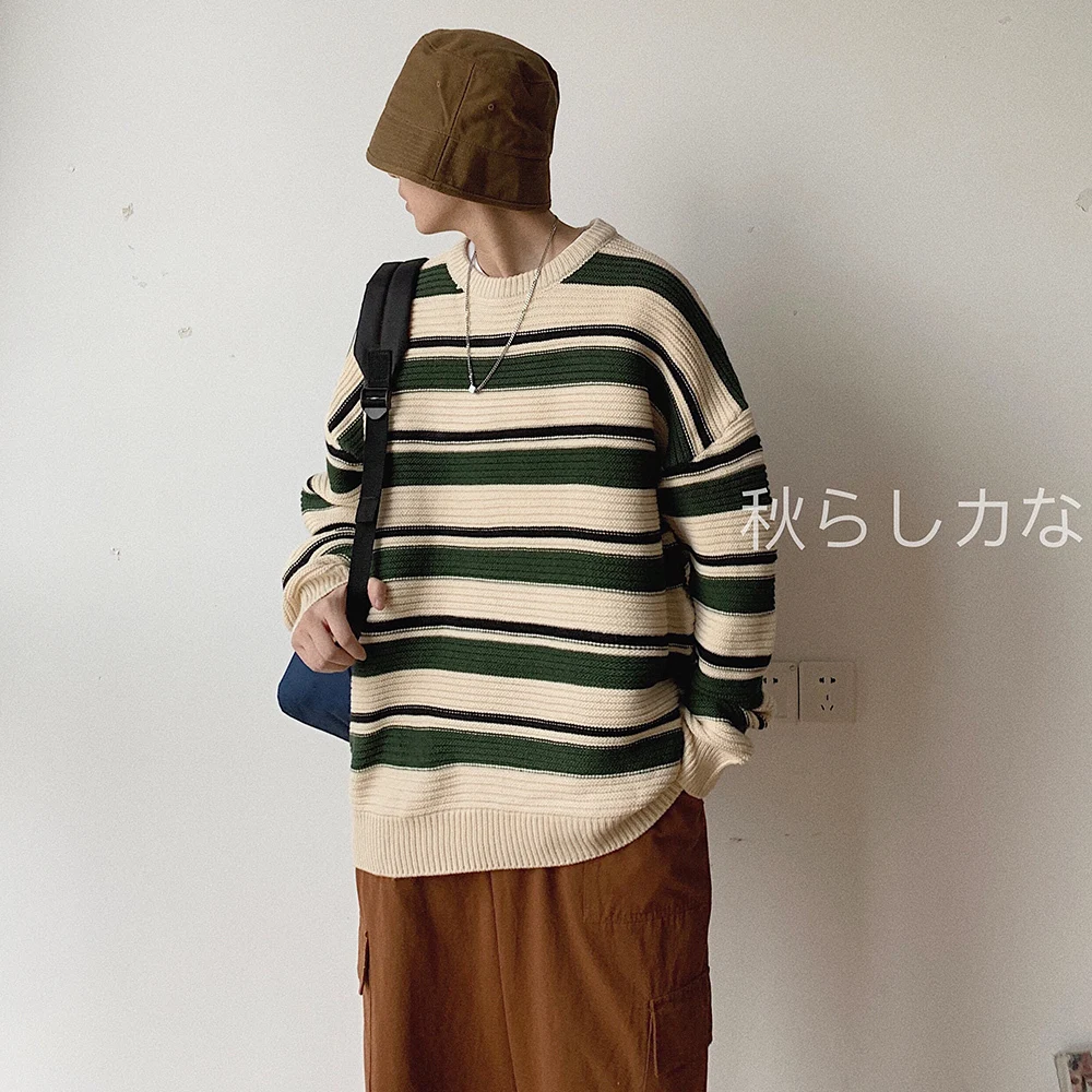 

2019 Winter Men's Stripe Printing Round Neck Coats Woolen Pullover In Warm Casual Cashmere Sweater Brand Male Knitting M-2XL