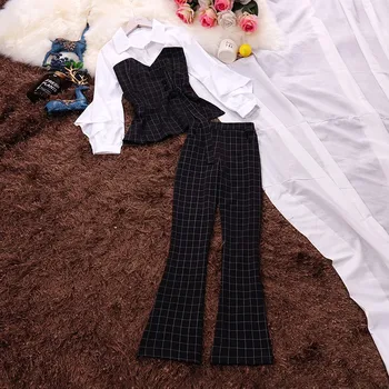 

2020 summer new women sets patchwork lantern sleeved chiffon blouse and high waist flare plaid ankle length pants female suits