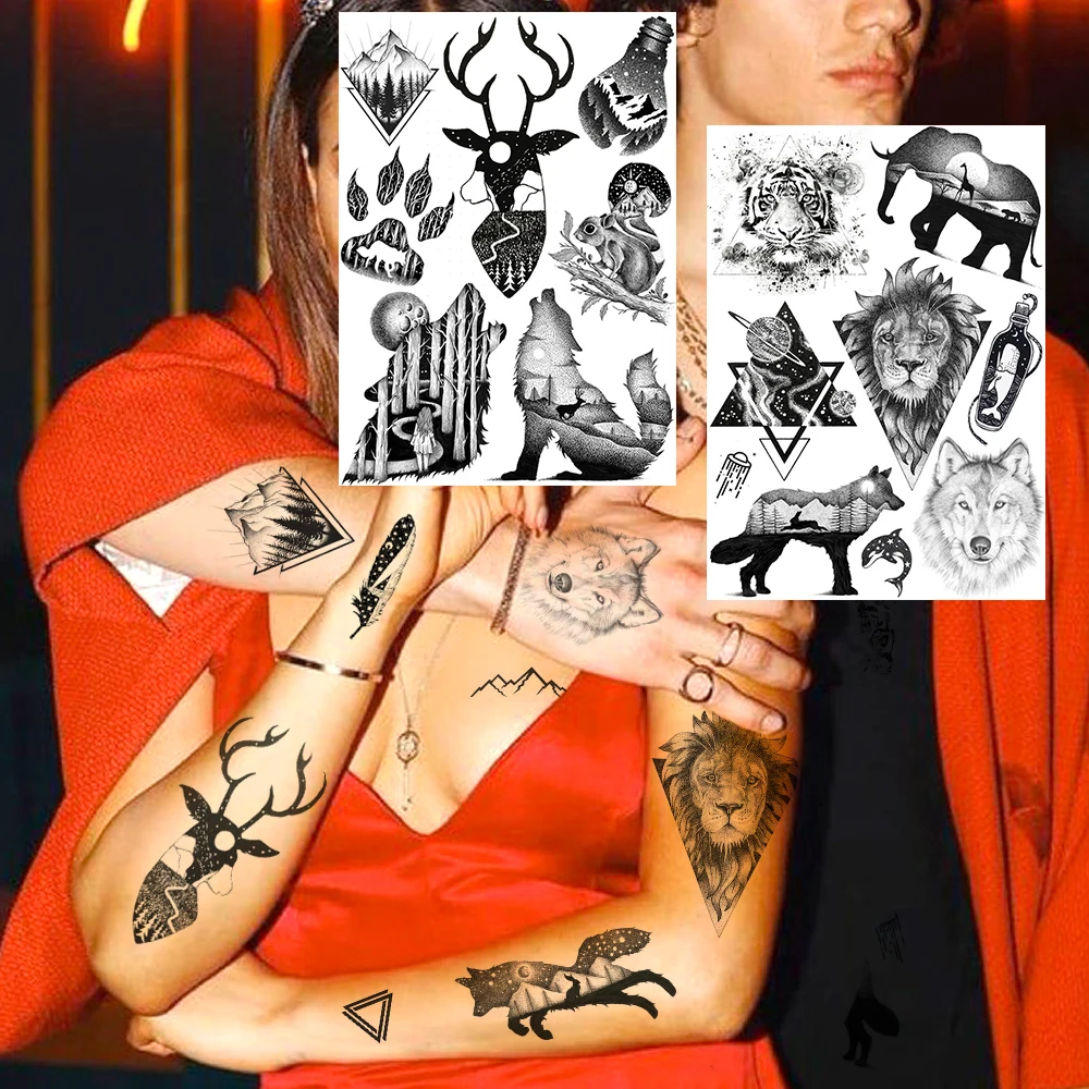 Montagne Noire Tatouage Temporaire Pour Hommes Femmes Wapiti Loup Univers Tatoos Autocollant Boby Bras Bras Geometrique Faux Tatoo Impermeable Lion Aliexpress