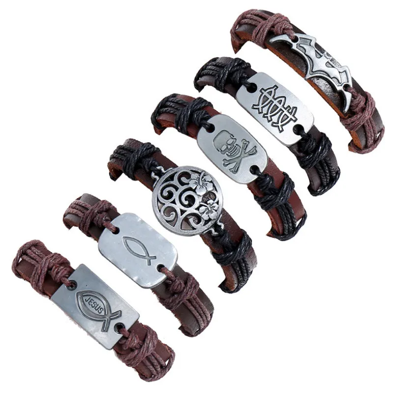 Punk Rock Wide Men Wristbands Genuine Leather Skull Bat Bracelet Set Retro Jesus Fish Charm Women Bangle Fashion Vintage Jewelry | Украшения