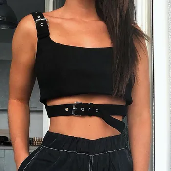 

Crop Top Women Sexy Buckle Strap Tank Top Cargo Streetwear Bandage Camisole Solid Vest Cool Girl Sling Top Cropped Feminino 2020