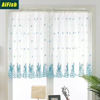 

Embroidered Pink Peacock Sheer Curtain For Kitchen Windows Blue White Rod Pocket Short Sheer Voile Door Panel Cortinas TM702-3