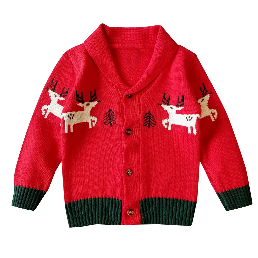 Toddler Unisex Baby Button-up Coat Deer Christmas Cardigan Sweater Navy Kids Vest Polyester Long sleeve little baby Coat#U