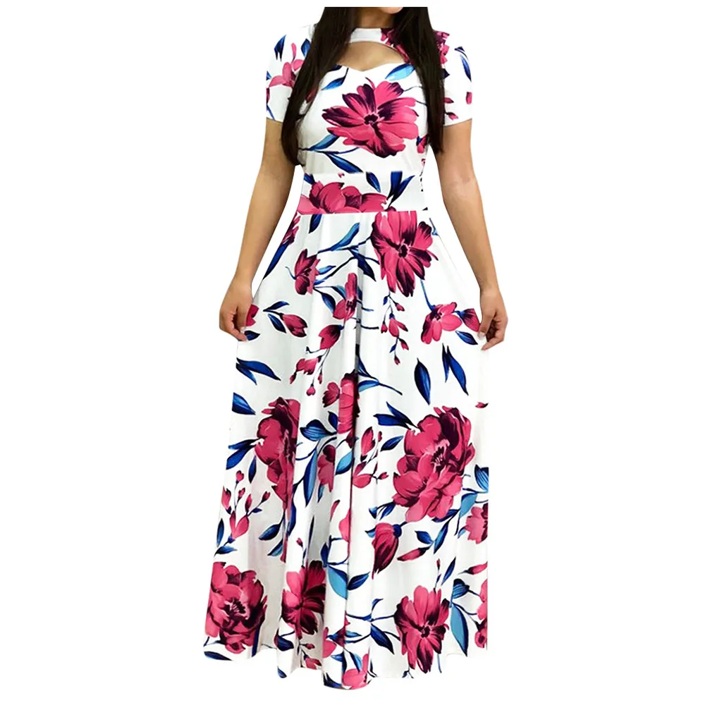 Hot Pink Vestido navidad mujer, модное женское платье с коротким рукавом, с цветочным принтом, бохо, длинное платье для девушек, Повседневное платье, платье, платье#281122 - Цвет: Hot Pink