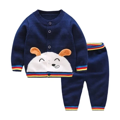Весенне-осенний шерстяной комплект для маленьких девочек и мальчиков вязанный хлопковый свитер, комплекты одежды теплый пуловер для малышей, брючный костюм Одежда для новорожденных - Цвет: as picture navy blue
