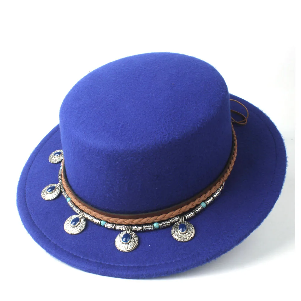 Blue Women Fashion Flat Top Hat Wide Brim Hat Dance Party Boaters Hat Wool Homburg Trilby Hat Size 56-58CM - Цвет: Blue
